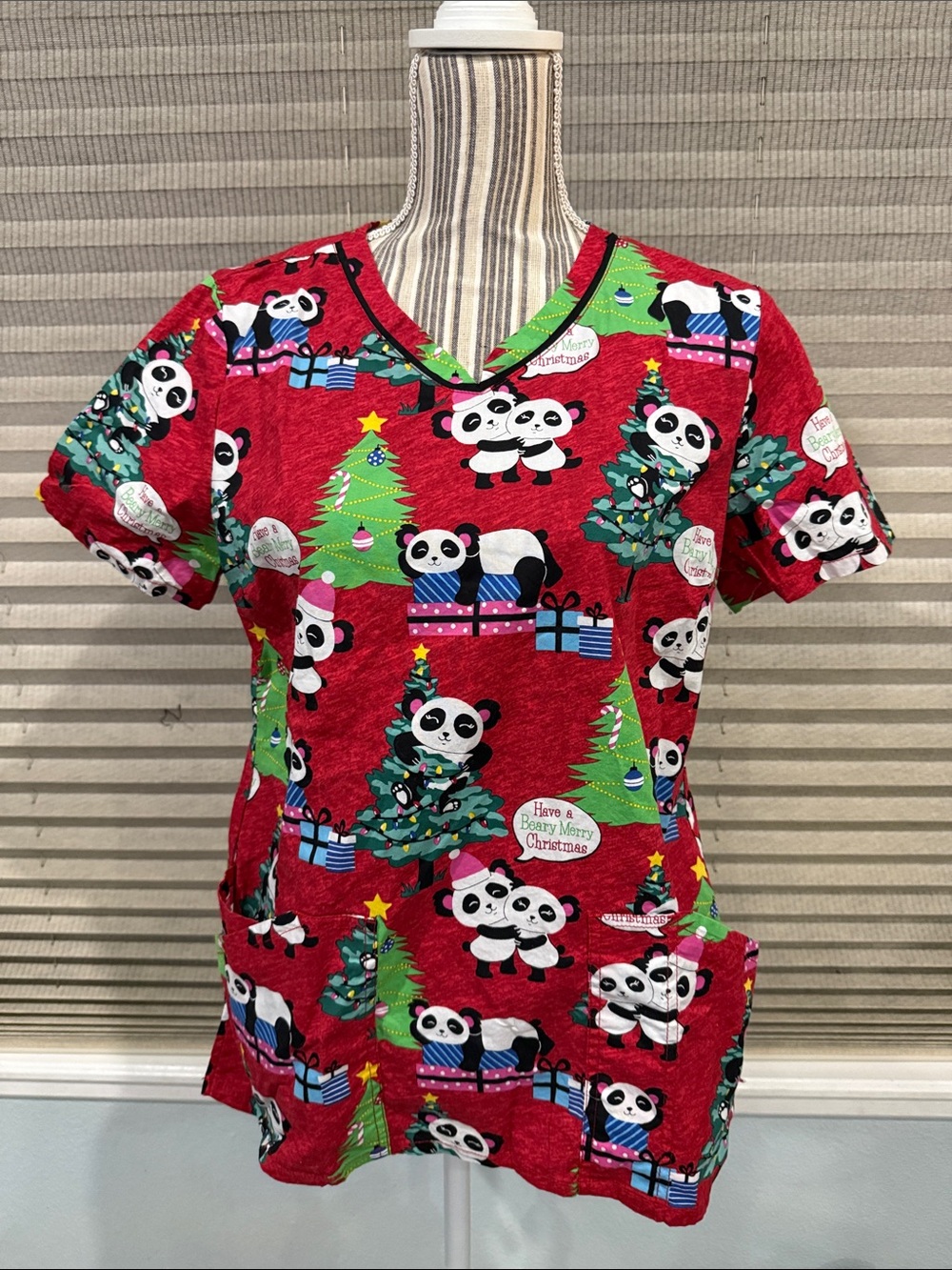 Cherokee Red Holiday Panda & Green Reindeer Women’s Scrub Top & Jacket.